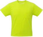 Front view of a high-visibility neon yellow short-sleeve t-shirt featuring a crew neck and a single left-chest pocket.