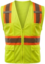 High-visibility yellow mesh safety vest with a zipper front, featuring orange-trimmed silver reflective stripes and multiple utility pockets.