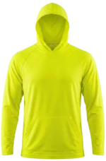 High-visibility neon yellow long-sleeve hooded t-shirt with a front kangaroo pocket and raglan-style sleeves.
