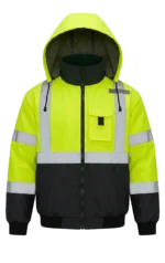 ANSI Class 3 bomber jacket with a high-visibility yellow upper, black lower section, silver reflective tape, and a detachable hood.