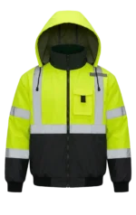 ANSI Class 3 bomber jacket with a high-visibility yellow upper, black lower section, silver reflective tape, and a detachable hood.
