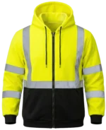 High-visibility yellow full-zip hoodie with a black lower section and cuffs, featuring silver reflective stripes on the torso and arms.