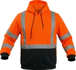 High-visibility safety orange pullover hoodie with a black lower section, front kangaroo pocket, and silver reflective safety stripes.