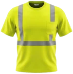 High-visibility neon yellow short-sleeve safety t-shirt with reflective silver tape and chest pocket.