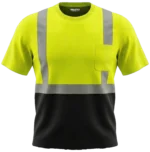 High-visibility neon yellow short-sleeve safety t-shirt with black bottom, reflective tape, and chest pocket.