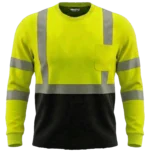 High-visibility neon yellow long-sleeve safety t-shirt with black bottom, reflective tape, and chest pocket.