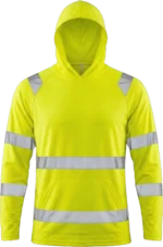 High-visibility neon yellow long-sleeve safety hoodie with reflective silver tape and front kangaroo pocket.