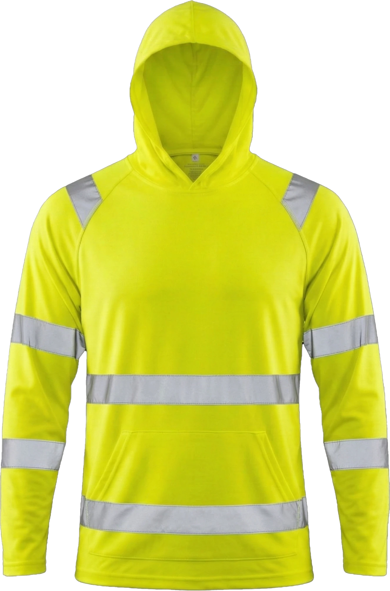 High-visibility neon yellow long-sleeve safety hoodie with reflective silver tape and front kangaroo pocket.