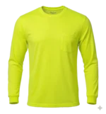 High-visibility neon yellow long-sleeve performance t-shirt with chest pocket.