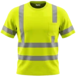 High-visibility neon yellow short-sleeve safety t-shirt with double reflective torso stripes and chest pocket.