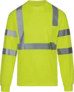 High-visibility neon yellow long-sleeve safety t-shirt with reflective silver tape and chest pocket.