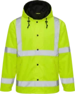 High-visibility neon yellow hooded safety jacket with snap-front closure and reflective silver tape.