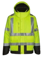High-visibility neon yellow hooded safety parka with black bottom accents and reflective silver tape.