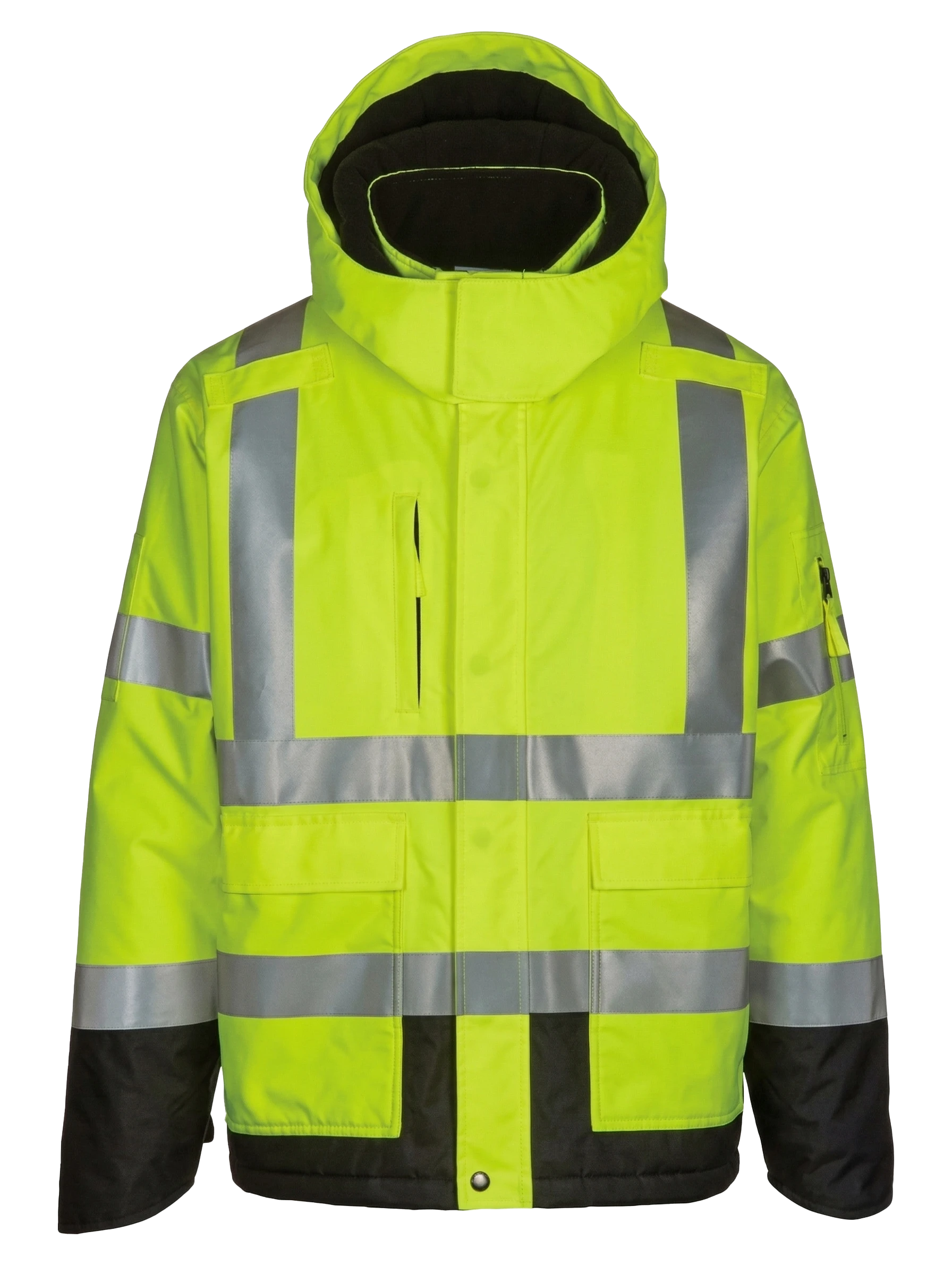 High-visibility neon yellow hooded safety parka with black bottom accents and reflective silver tape.